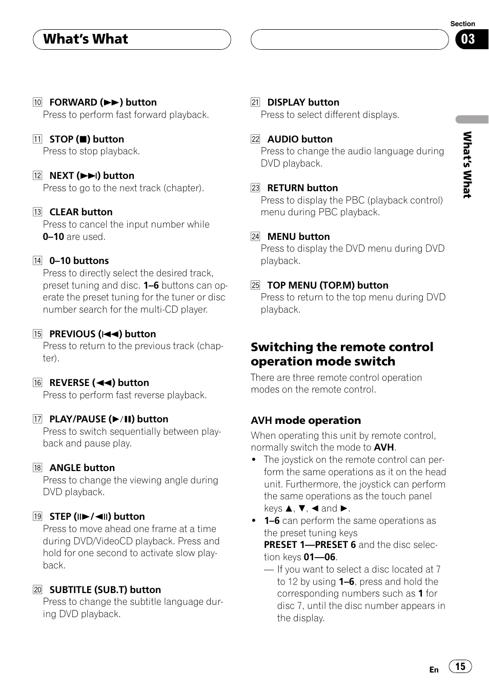Switching the remote, Control operation mode switch on the next, Whats what | Switching the remote control operation mode switch | Pioneer AVH-P6500DVD User Manual | Page 15 / 108