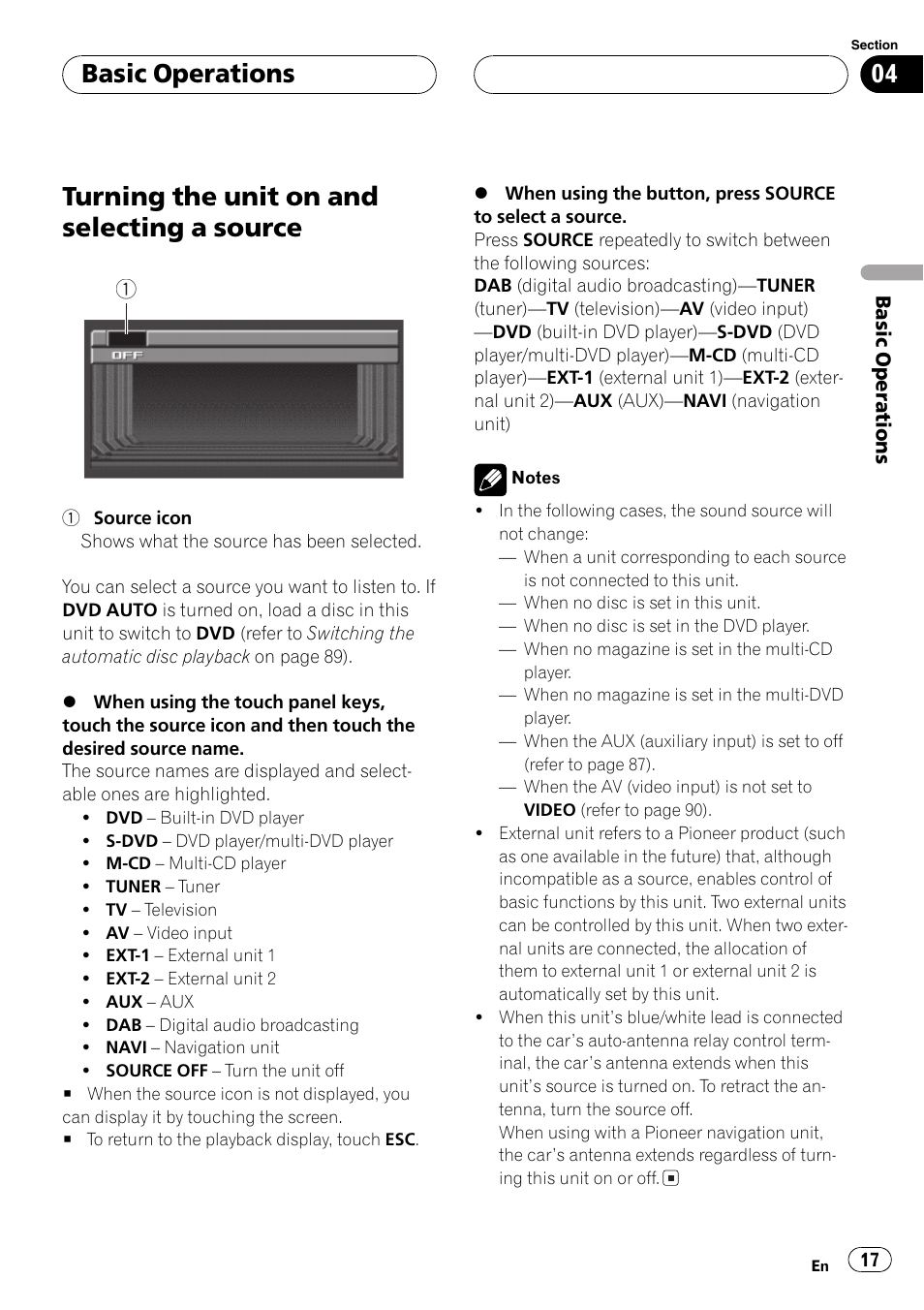 Source 17, Turning the unit on and selecting a source, Basic operations | Pioneer AVH-P6500DVD User Manual | Page 17 / 108