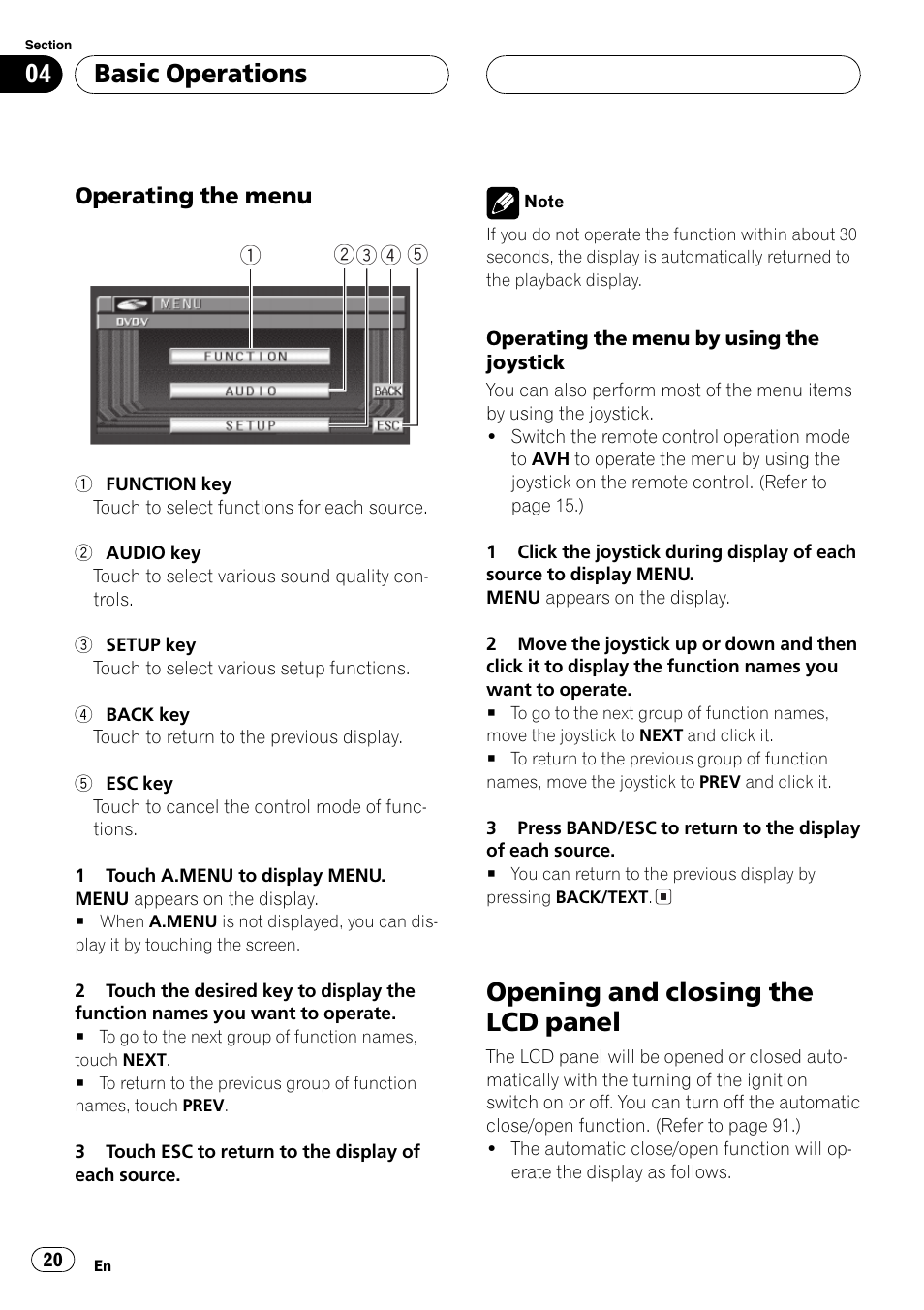 Opening and closing the lcd panel 20, Opening and closing the lcd panel, Basic operations | Pioneer AVH-P6500DVD User Manual | Page 20 / 108