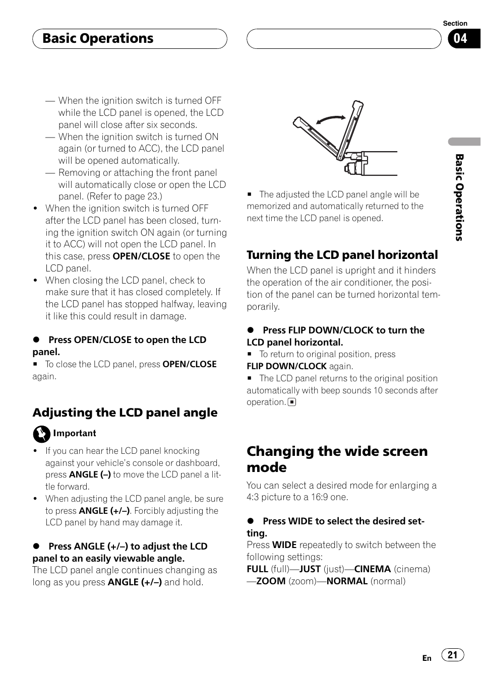Changing the wide screen mode 21, Changing the wide screen mode, Basic operations | Adjusting the lcd panelangle, Turning the lcd panelhorizontal | Pioneer AVH-P6500DVD User Manual | Page 21 / 108