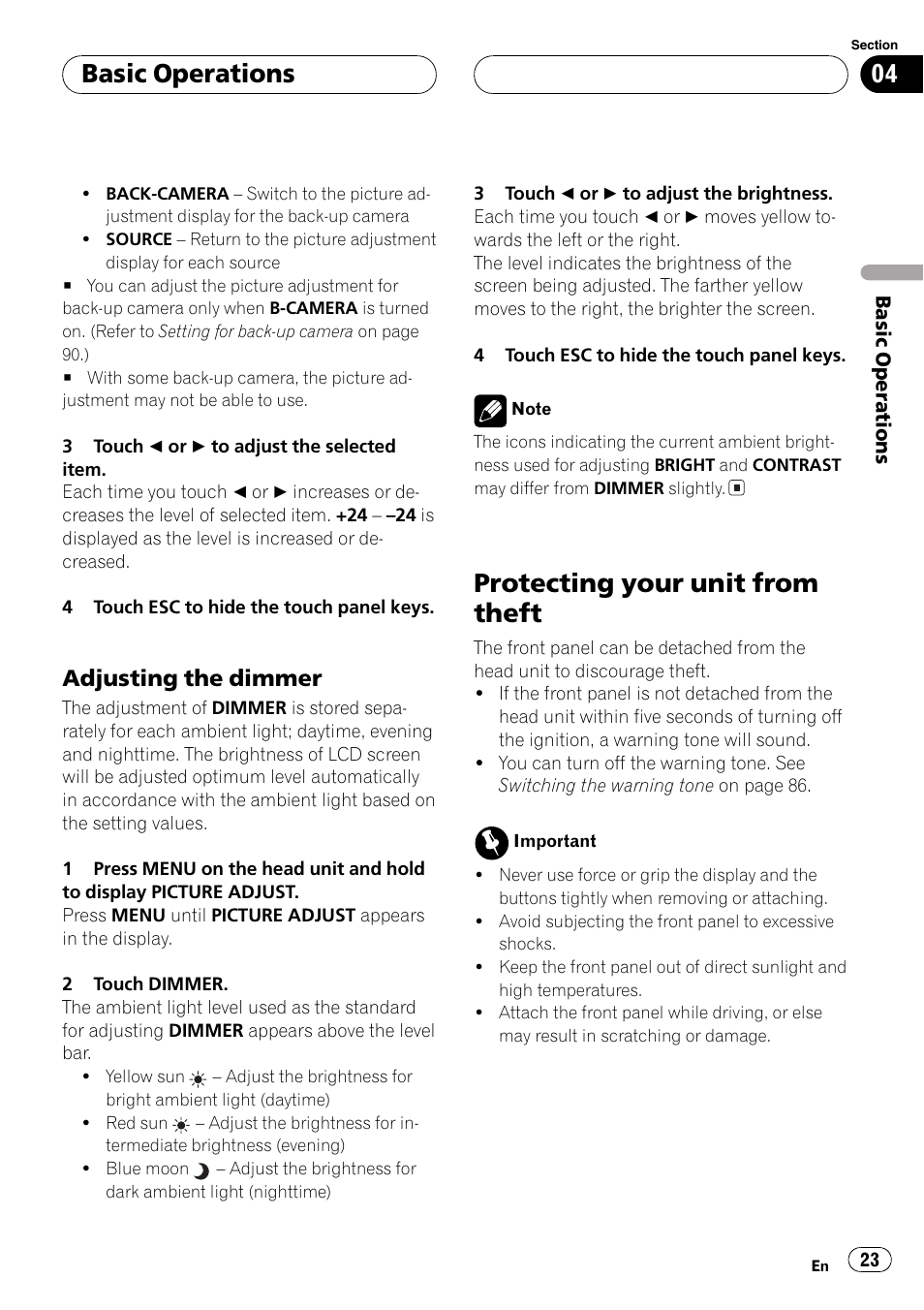 Protecting your unit from theft 23, Protecting your unit from theft, Basic operations | Adjusting the dimmer | Pioneer AVH-P6500DVD User Manual | Page 23 / 108