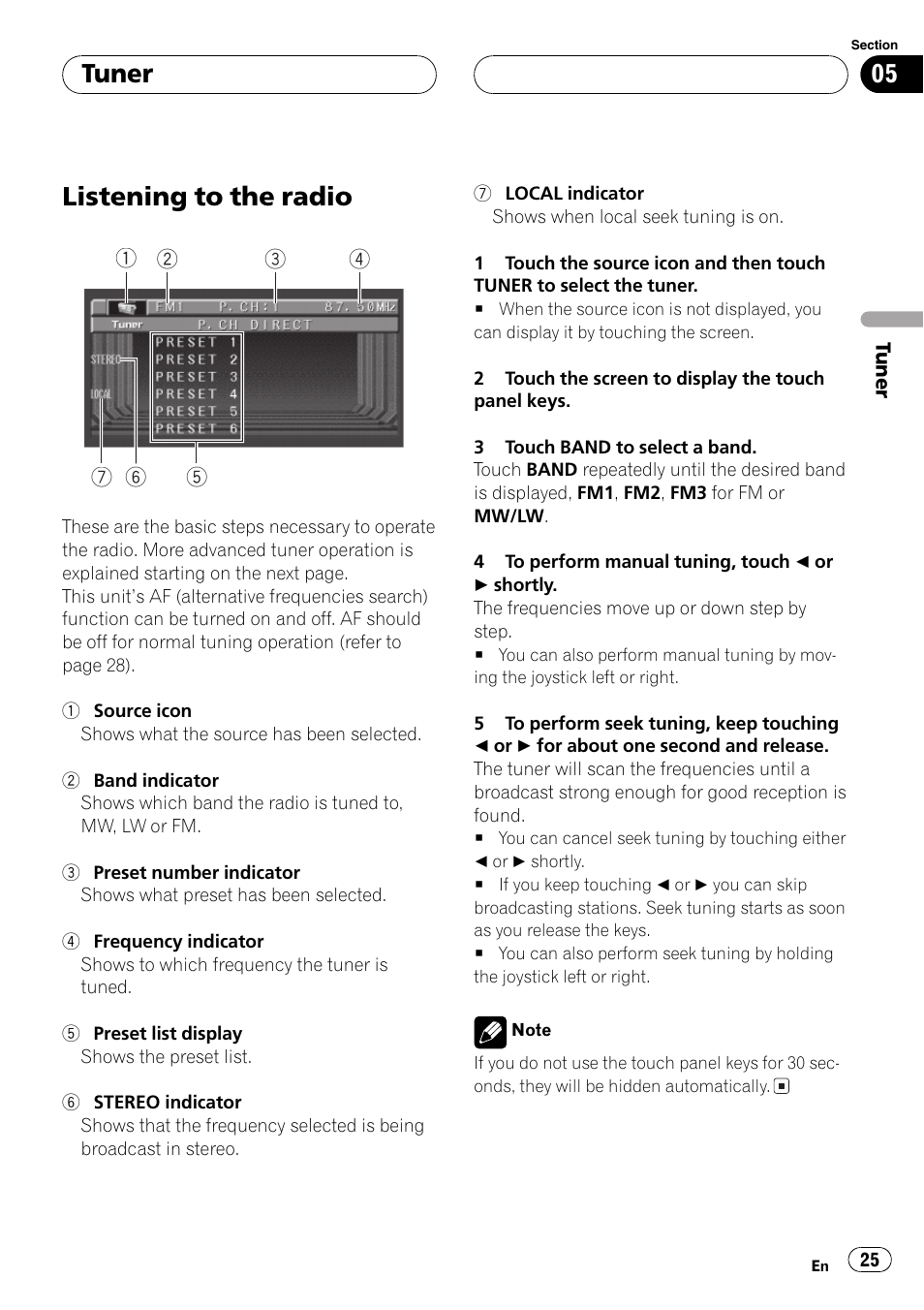 Tuner listening to the radio 25, Listening to the radio, Tuner | Pioneer AVH-P6500DVD User Manual | Page 25 / 108