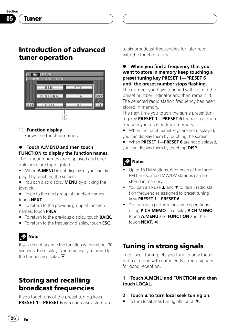 Introduction of advanced tuner, Operation 26, Storing and recalling broadcast | Frequencies 26, Tuning in strong signals 26, Introduction of advanced tuner operation, Storing and recalling broadcast frequencies, Tuning in strong signals, Tuner | Pioneer AVH-P6500DVD User Manual | Page 26 / 108
