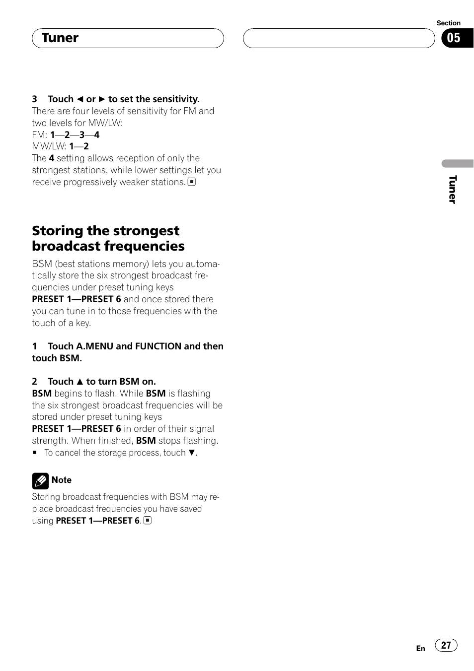 Storing the strongest broadcast, Frequencies 27, Storing the strongest broadcast frequencies | Tuner | Pioneer AVH-P6500DVD User Manual | Page 27 / 108