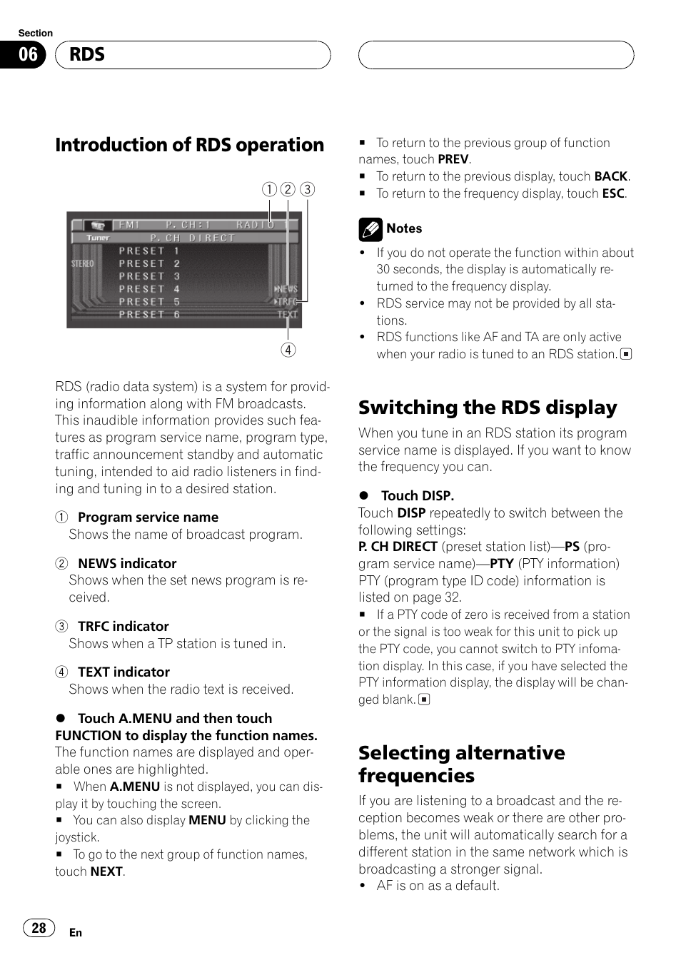 Introduction of rds operation, Switching the rds display, Selecting alternative frequencies | Pioneer AVH-P6500DVD User Manual | Page 28 / 108