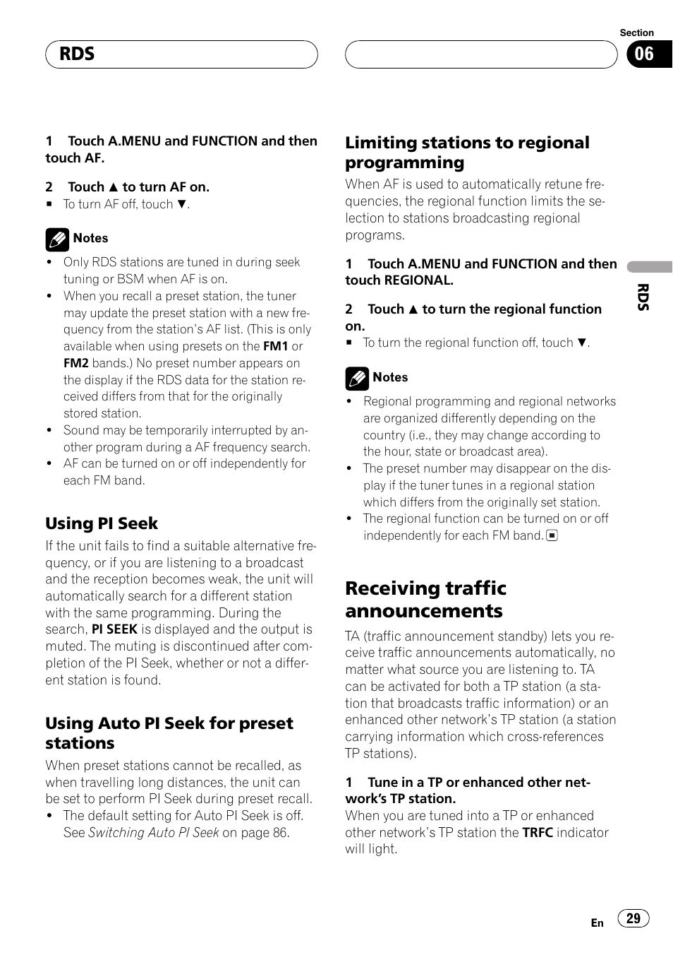 Receiving traffic announcements 29, Receiving traffic announcements, Using pi seek | Using auto pi seek for preset stations, Limiting stations to regional programming | Pioneer AVH-P6500DVD User Manual | Page 29 / 108