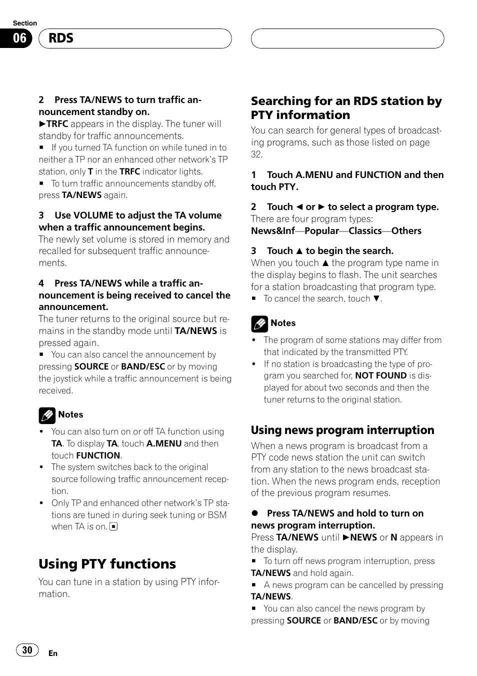 Using pty functions 30, Using pty functions, Searching for an rds station by pty information | Using news program interruption | Pioneer AVH-P6500DVD User Manual | Page 30 / 108