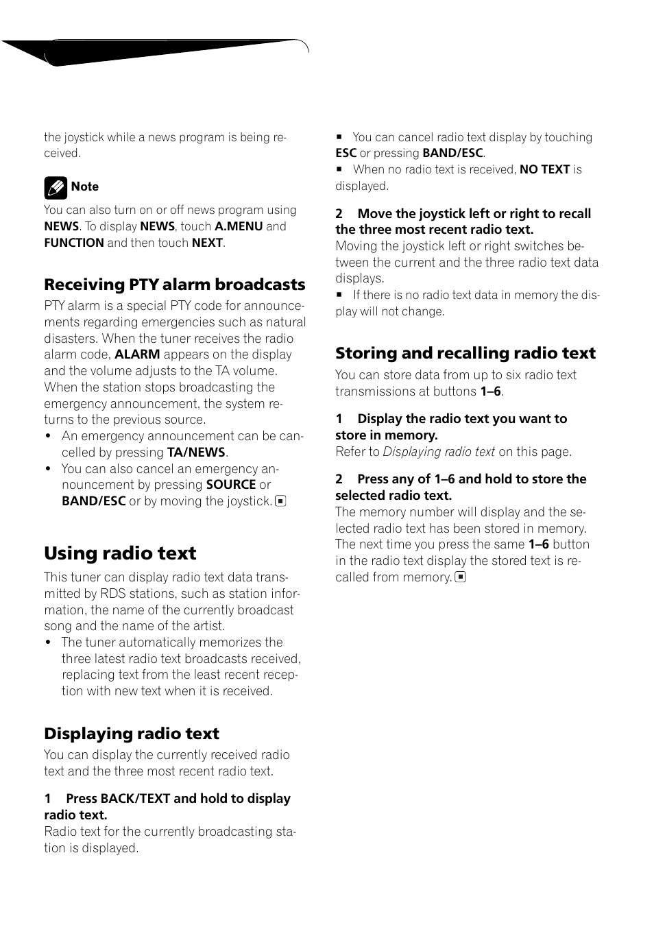 Using radio text 31, Using radio text, Receiving pty alarm broadcasts | Displaying radio text, Storing and recalling radio text | Pioneer AVH-P6500DVD User Manual | Page 31 / 108