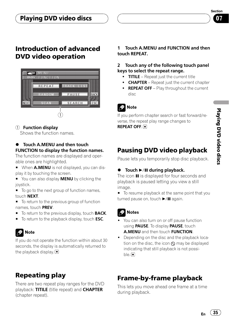 Introduction of advanced dvd video, Operation 35, Introduction of advanced dvd video operation | Repeating play, Pausing dvd video playback, Frame-by-frame playback, Playing dvd video discs | Pioneer AVH-P6500DVD User Manual | Page 35 / 108