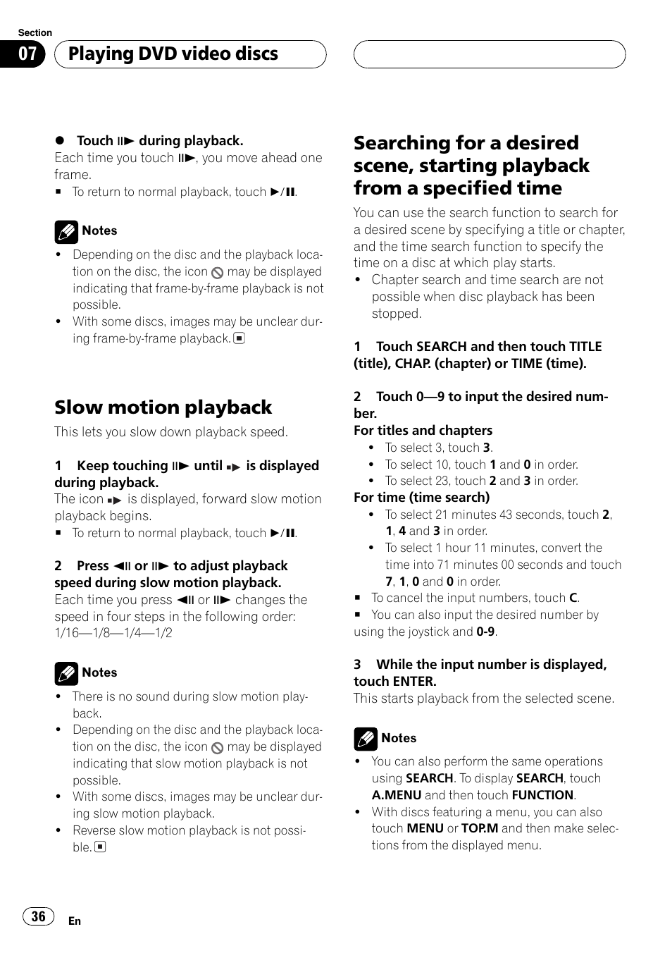 Playback from a specified time 36, Slow motion playback, Playing dvd video discs | Pioneer AVH-P6500DVD User Manual | Page 36 / 108