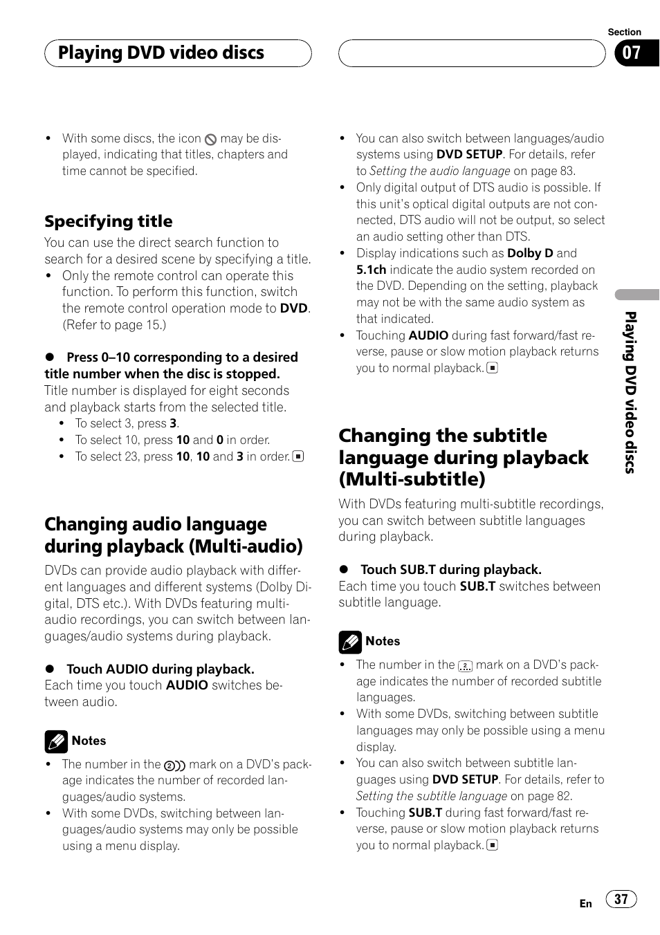 Changing audio language during playback, Multi-audio) 37, Changing the subtitle language during | Playback (multi-subtitle) 37, Playing dvd video discs, Specifying title | Pioneer AVH-P6500DVD User Manual | Page 37 / 108
