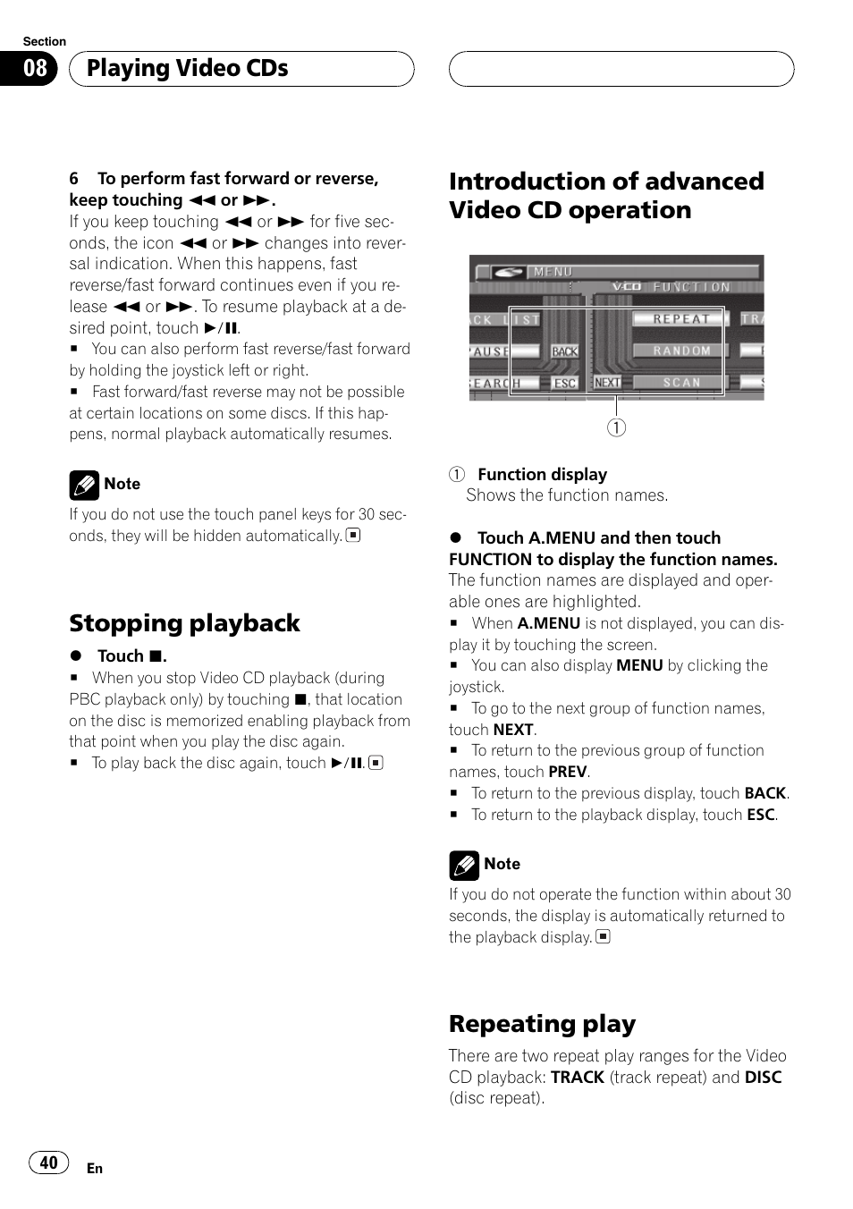 Operation 40, Repeating play 40, Stopping playback | Introduction of advanced video cd operation, Repeating play, Playing video cds | Pioneer AVH-P6500DVD User Manual | Page 40 / 108