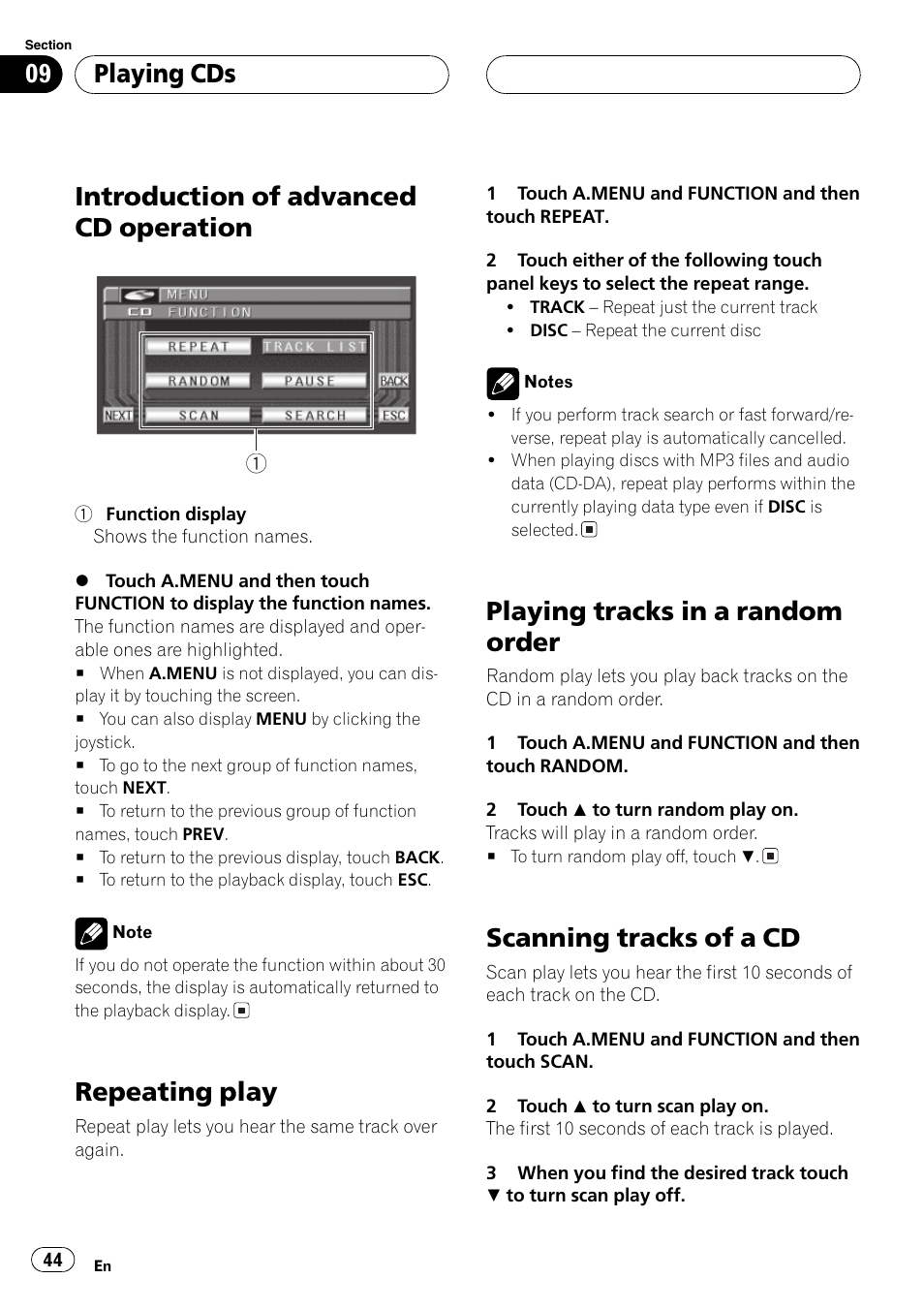 Introduction of advanced cd operation, Repeating play, Playing tracks in a random order | Scanning tracks of a cd, Playing cds | Pioneer AVH-P6500DVD User Manual | Page 44 / 108