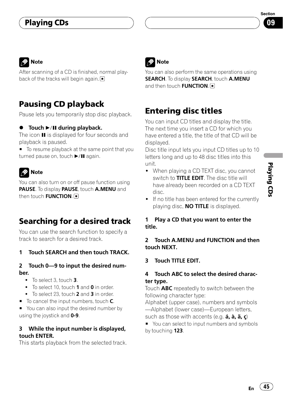 Pausing cd playback, Searching for a desired track, Entering disc titles | Playing cds | Pioneer AVH-P6500DVD User Manual | Page 45 / 108