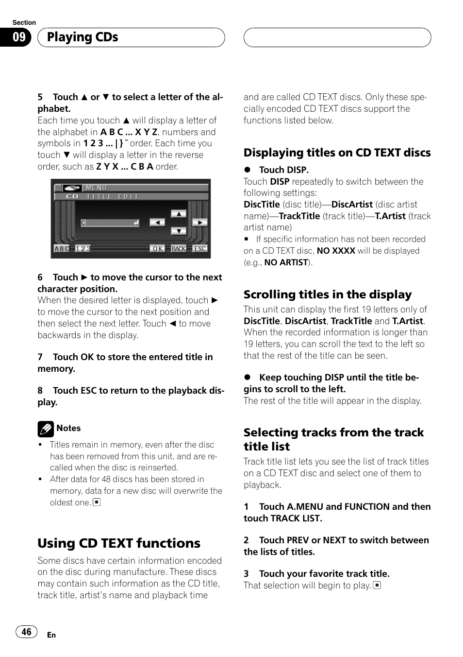 Using cd text functions 46, Using cd text functions, Playing cds | Displaying titles on cd text discs, Scrolling titles in the display, Selecting tracks from the track title list | Pioneer AVH-P6500DVD User Manual | Page 46 / 108
