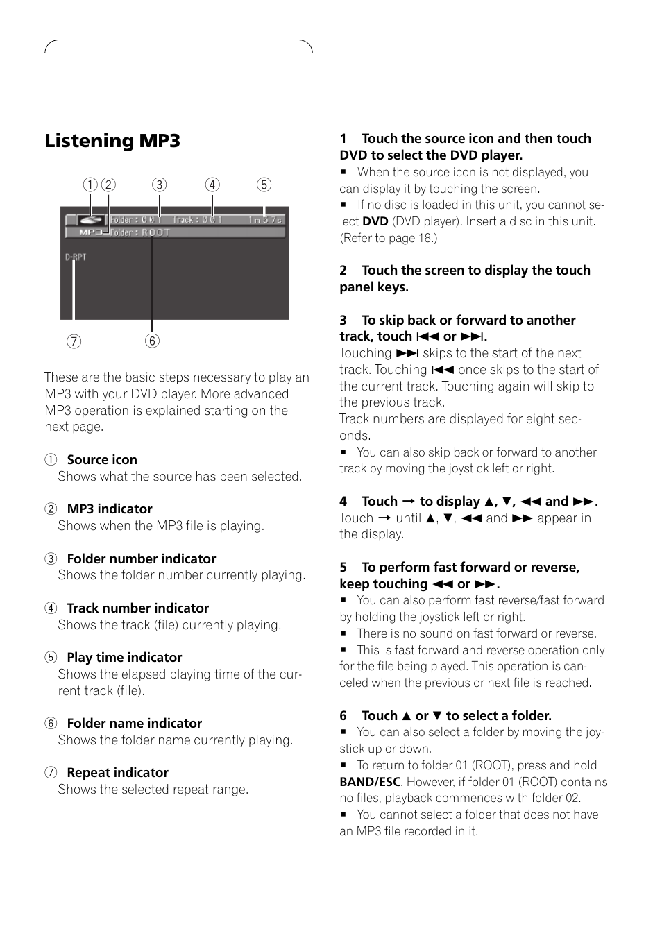 Playing mp3 listening mp3 47, Listening mp3 | Pioneer AVH-P6500DVD User Manual | Page 47 / 108