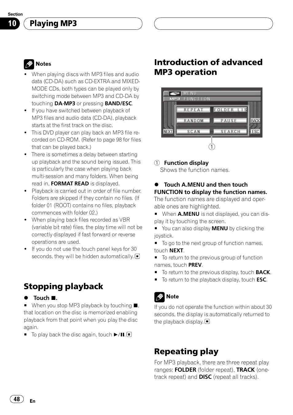Stopping playback, Introduction of advanced mp3 operation, Repeating play | Playing mp3 | Pioneer AVH-P6500DVD User Manual | Page 48 / 108