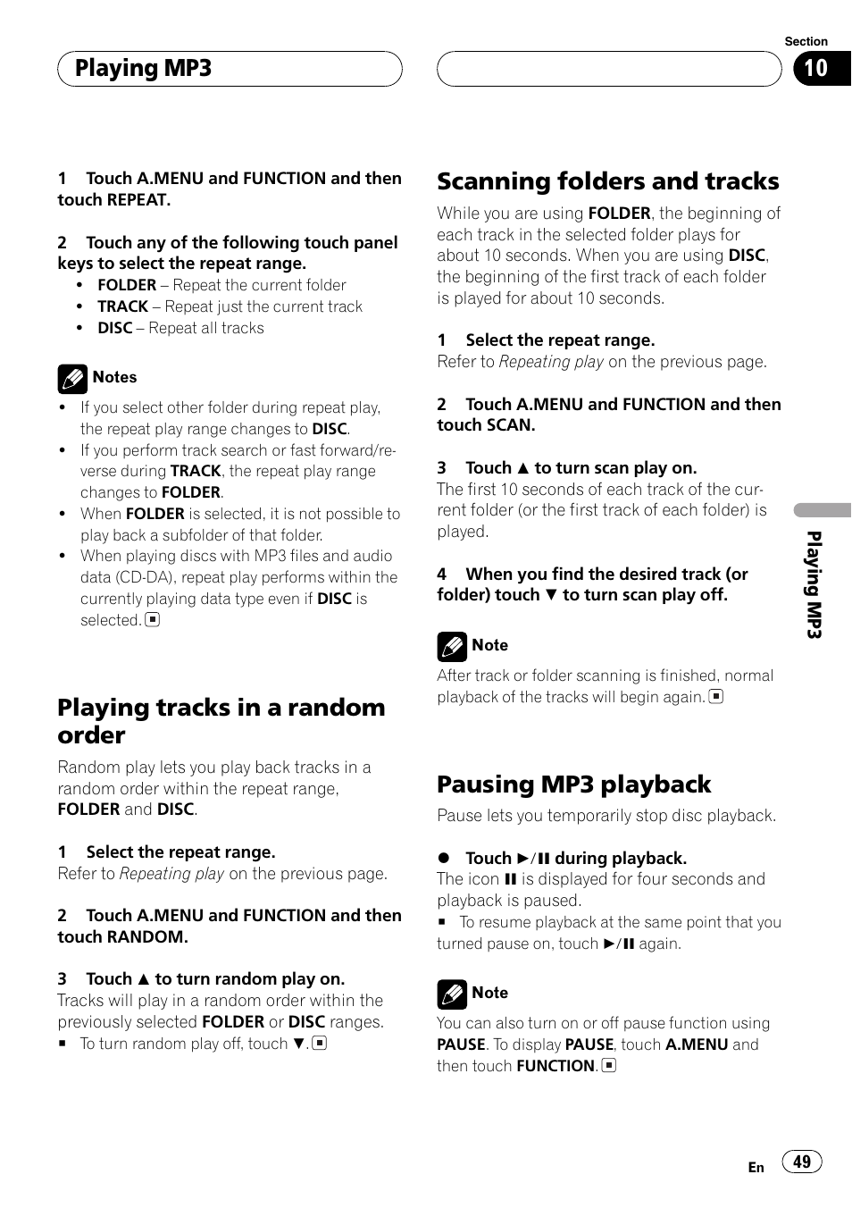 Playing tracks in a random order, Scanning folders and tracks, Pausing mp3 playback | Playing mp3 | Pioneer AVH-P6500DVD User Manual | Page 49 / 108