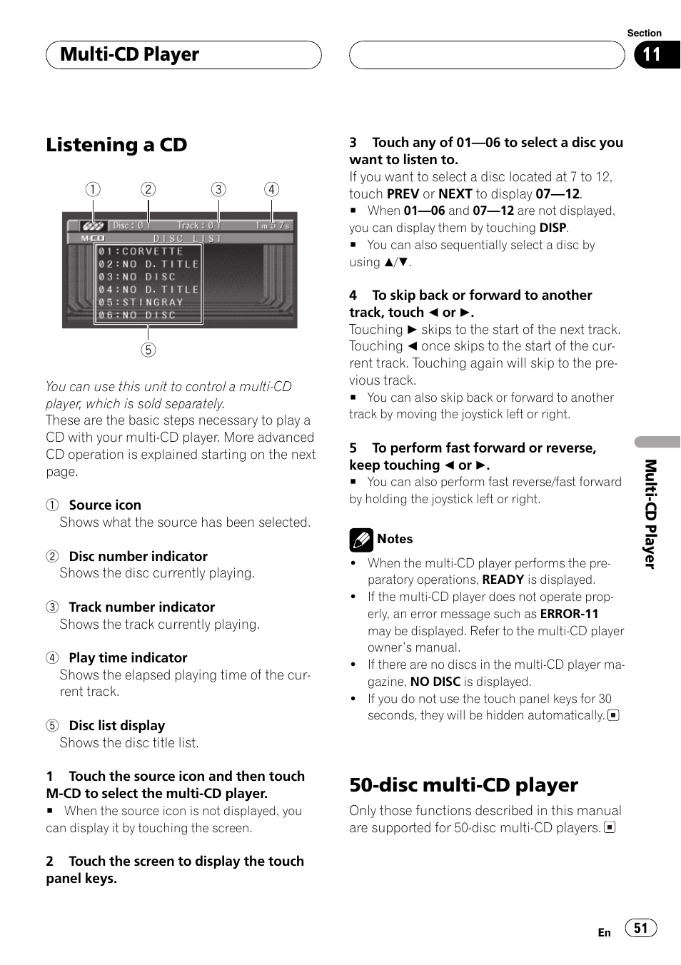 Listening a cd, Disc multi-cd player, Multi-cd player | Pioneer AVH-P6500DVD User Manual | Page 51 / 108