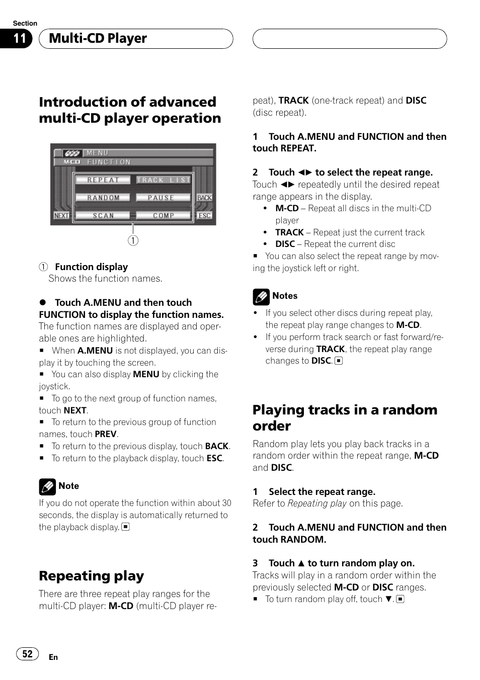 Introduction of advanced multi-cd player, Operation 52, Introduction of advanced multi-cd player operation | Repeating play, Playing tracks in a random order, Multi-cd player | Pioneer AVH-P6500DVD User Manual | Page 52 / 108