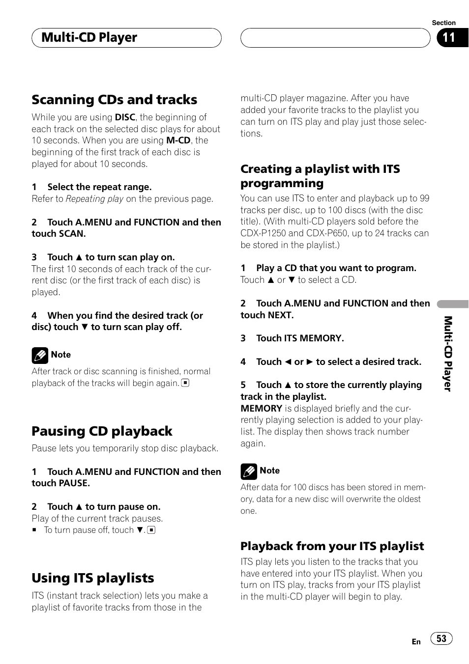 Scanning cds and tracks, Pausing cd playback, Using its playlists | Multi-cd player | Pioneer AVH-P6500DVD User Manual | Page 53 / 108
