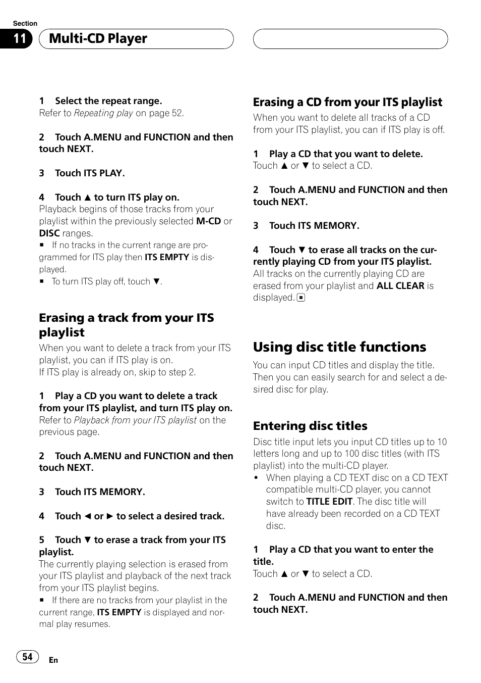 Using disc title functions 54, Using disc title functions, Multi-cd player | Erasing a track from your its playlist, Erasing a cd from your its playlist, Entering disc titles | Pioneer AVH-P6500DVD User Manual | Page 54 / 108