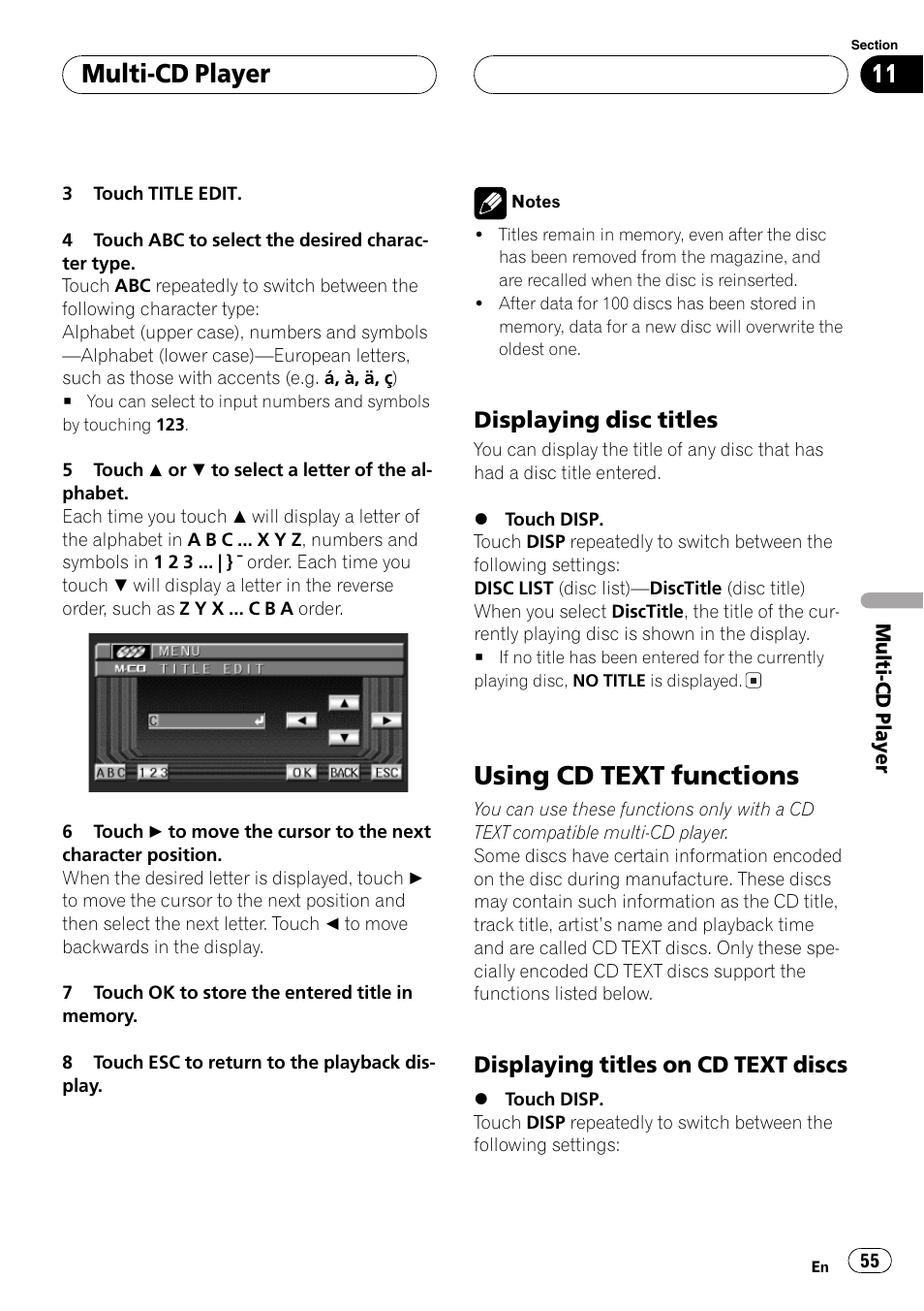 Using cd text functions 55, Using cd text functions, Multi-cd player | Displaying disc titles, Displaying titles on cd text discs | Pioneer AVH-P6500DVD User Manual | Page 55 / 108
