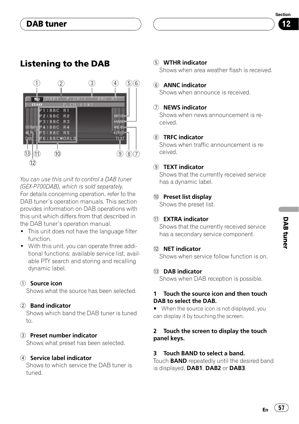 Dab tuner listening to the dab 57, Listening to the dab, Dab tuner | Pioneer AVH-P6500DVD User Manual | Page 57 / 108