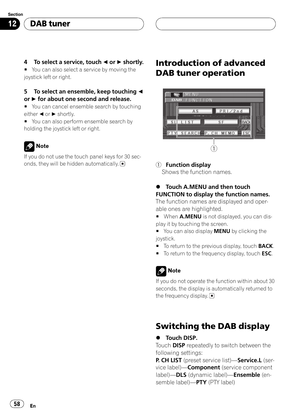 Introduction of advanced dab tuner, Operation 58, Switching the dab display 58 | Introduction of advanced dab tuner operation, Switching the dab display, Dab tuner | Pioneer AVH-P6500DVD User Manual | Page 58 / 108