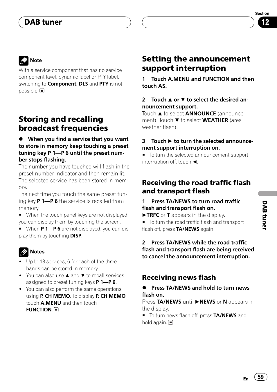 Storing and recalling broadcast, Frequencies 59, Setting the announcement support | Interruption 59, Storing and recalling broadcast frequencies, Setting the announcement support interruption, Dab tuner | Pioneer AVH-P6500DVD User Manual | Page 59 / 108