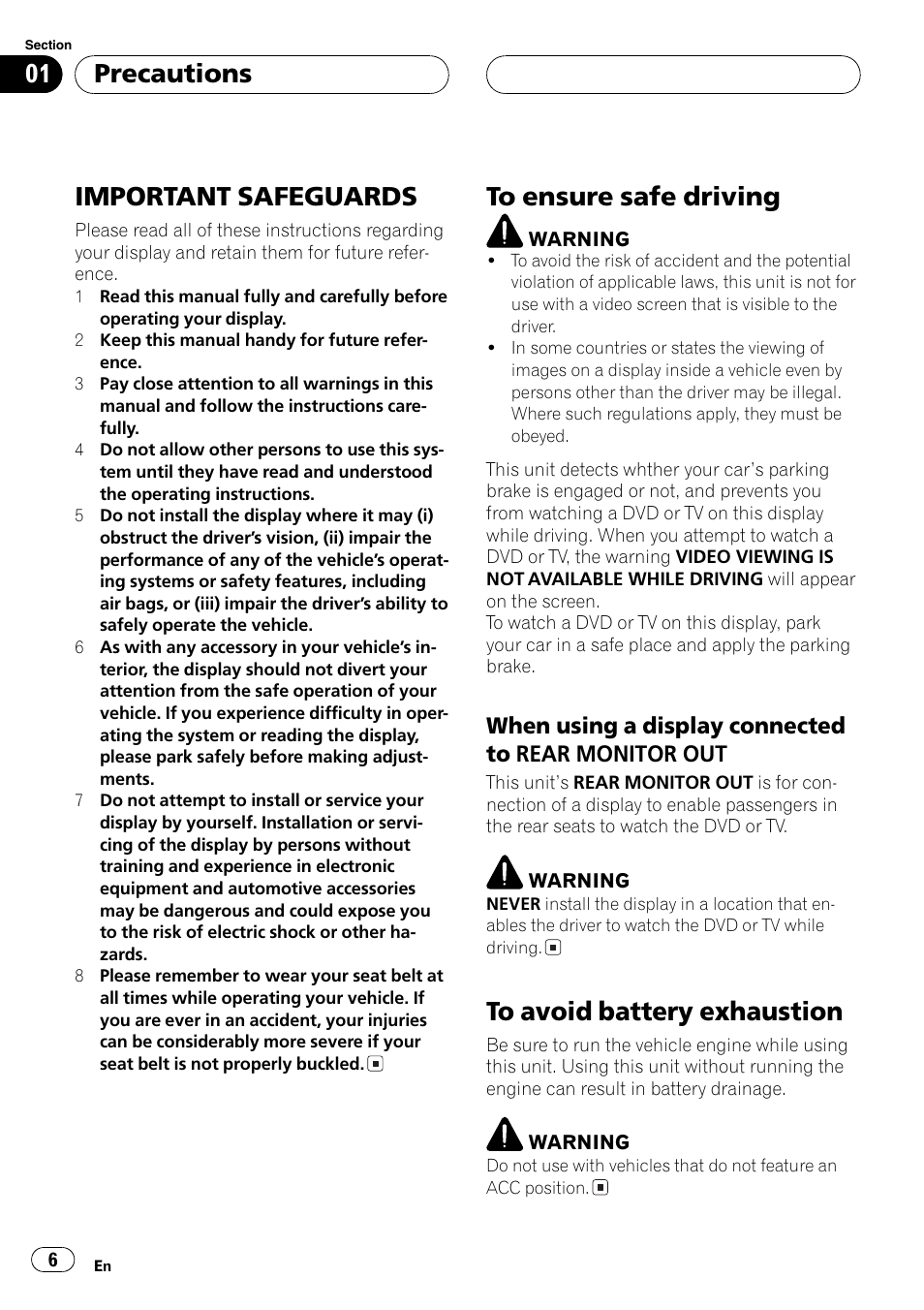 Important safeguards, Precautions, When using a display connected to rear monitor out | Pioneer AVH-P6500DVD User Manual | Page 6 / 108