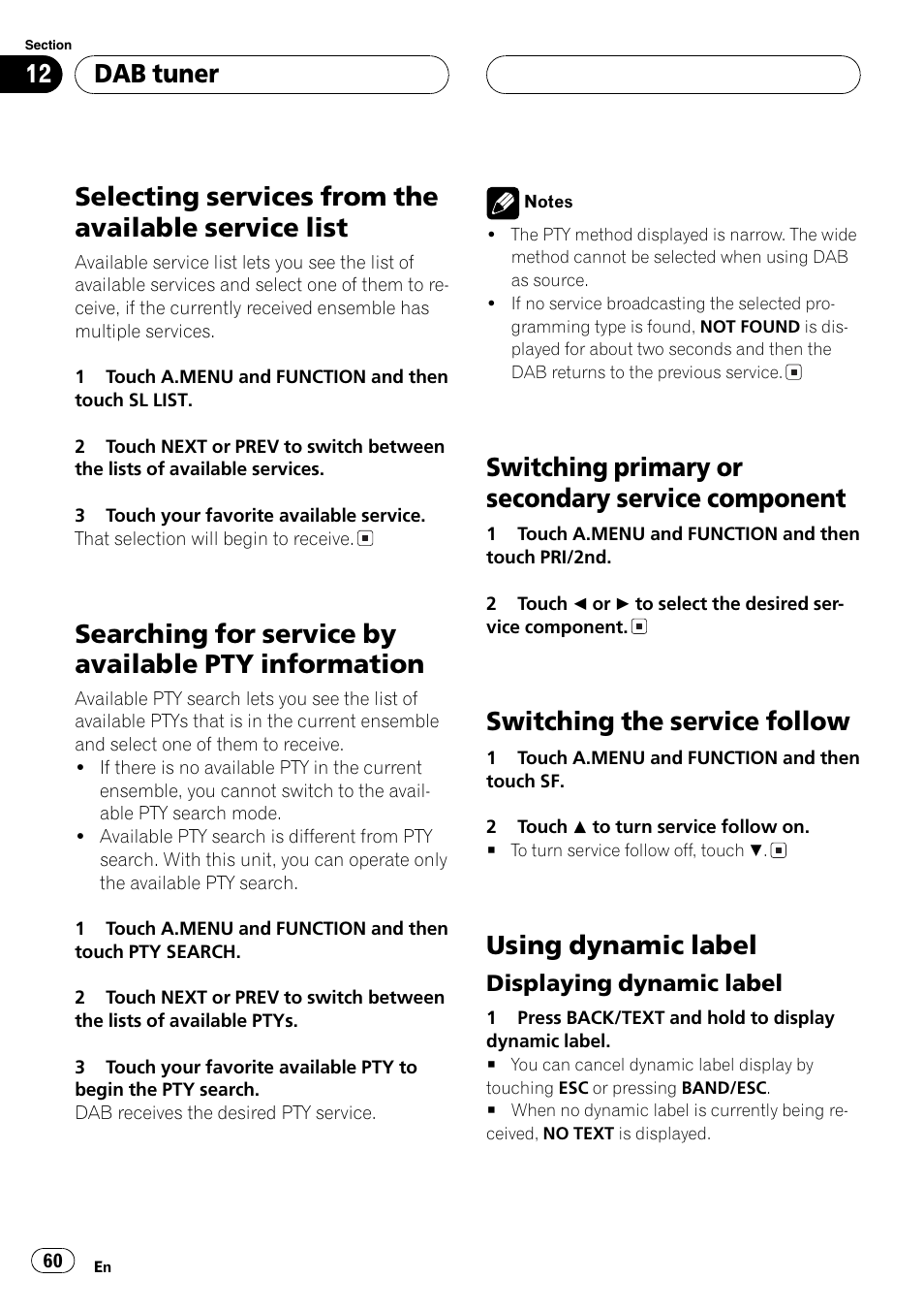 Selecting services from the available service, List 60, Searching for service by available pty | Information 60, Switching primary or secondary service, Component 60, Selecting services from the available service list, Searching for service by available pty information, Switching primary or secondary service component, Switching the service follow | Pioneer AVH-P6500DVD User Manual | Page 60 / 108