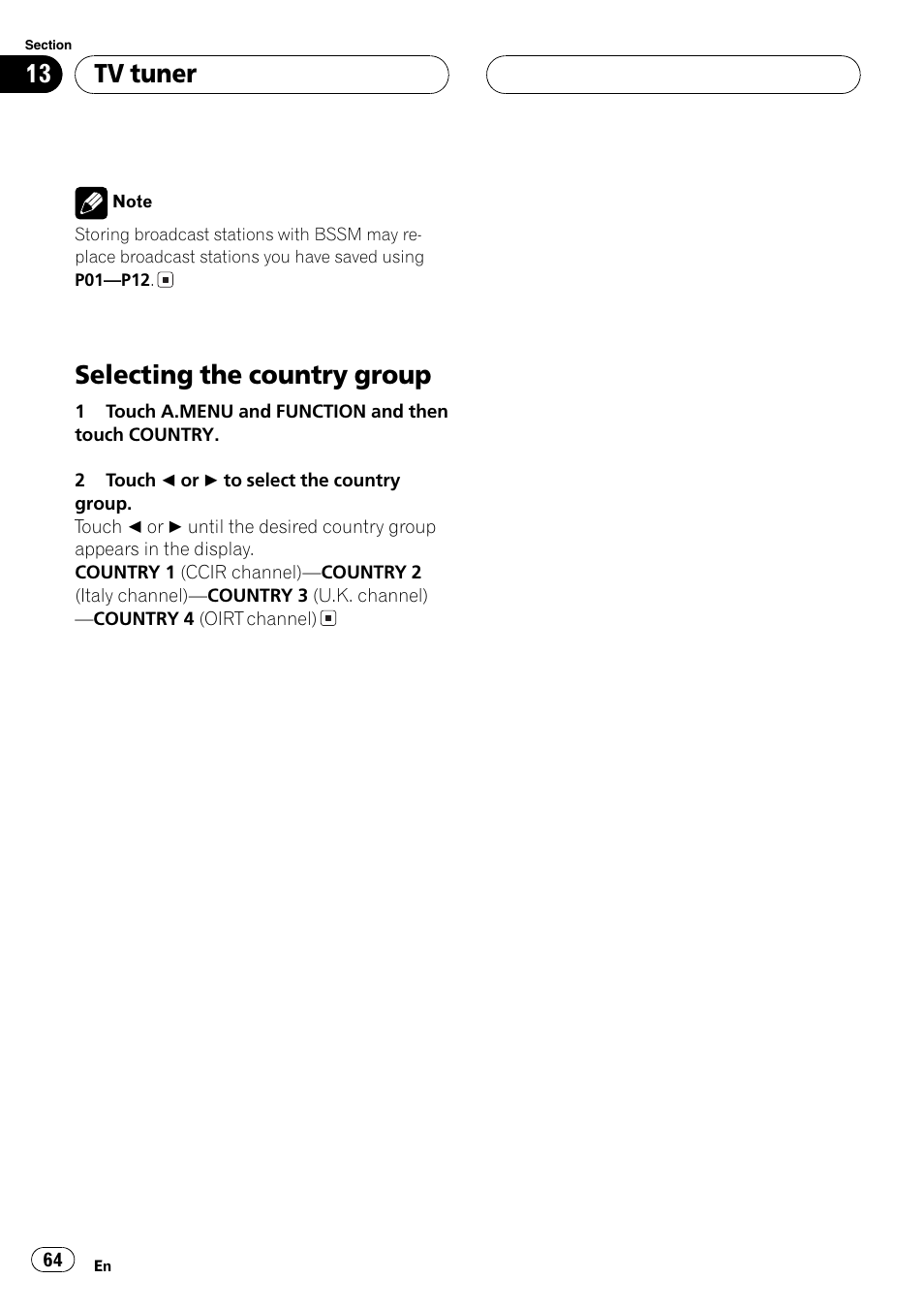 Selecting the country group 64, Selecting the country group, Tv tuner | Pioneer AVH-P6500DVD User Manual | Page 64 / 108