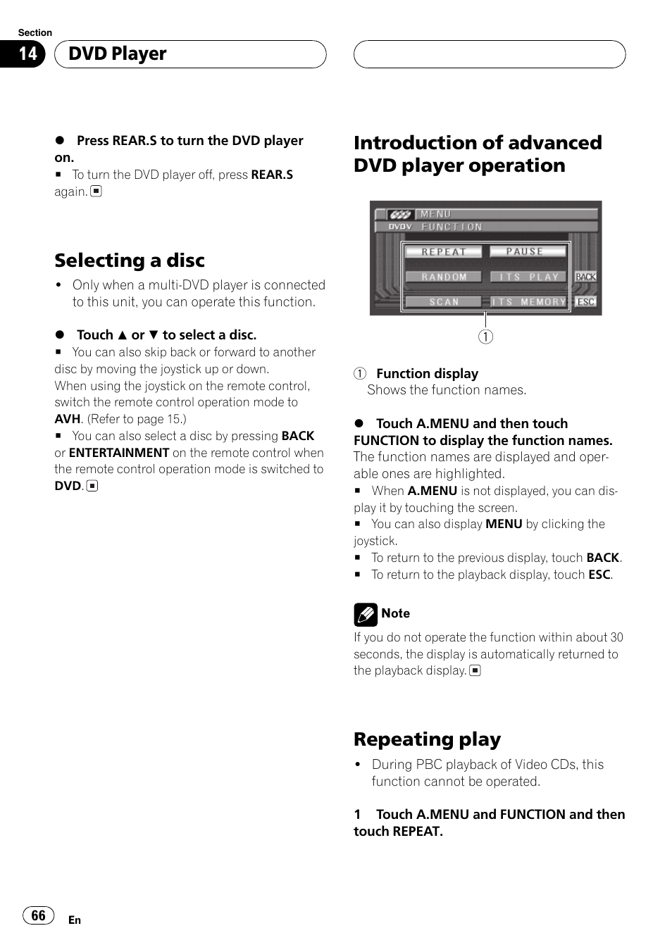 Operation 66, Repeating play 66, Selecting a disc | Introduction of advanced dvd player operation, Repeating play, Dvd player | Pioneer AVH-P6500DVD User Manual | Page 66 / 108