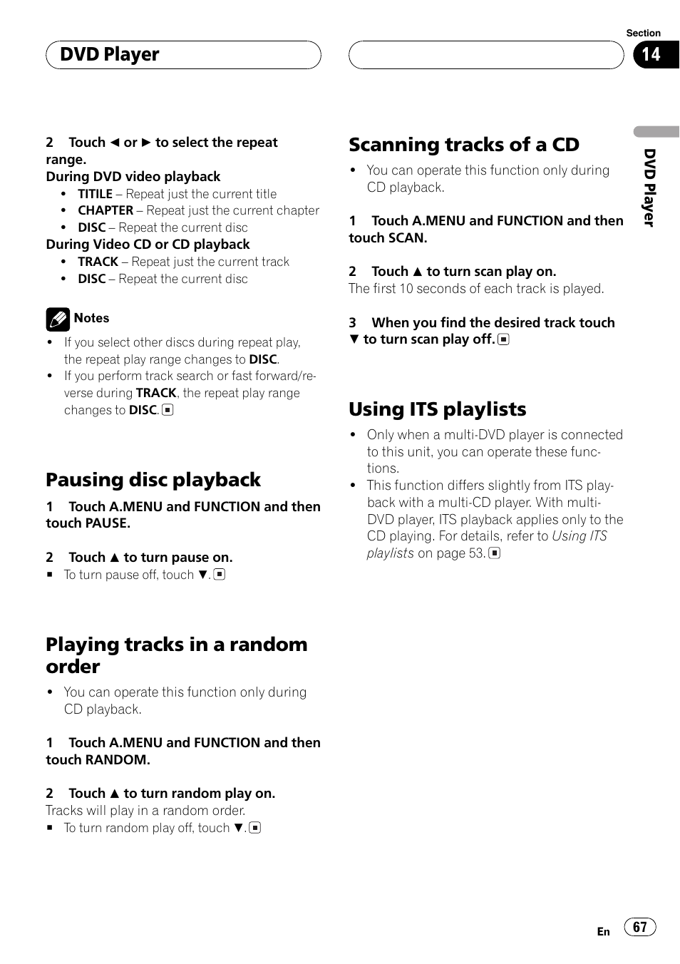 Pausing disc playback, Playing tracks in a random order, Scanning tracks of a cd | Using its playlists, Dvd player | Pioneer AVH-P6500DVD User Manual | Page 67 / 108