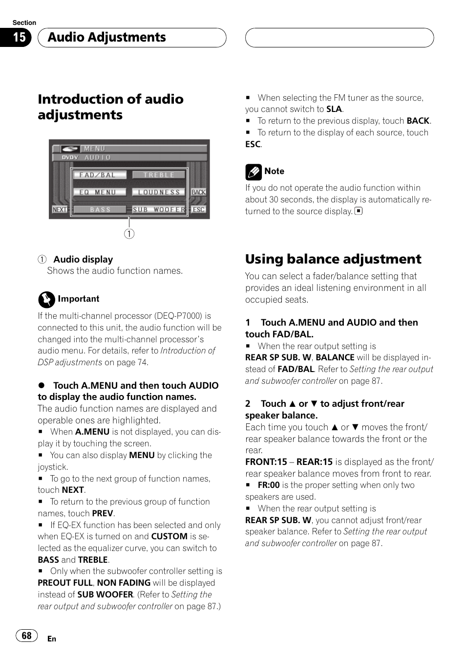 Introduction of audio adjustments, Using balance adjustment, Audio adjustments | Pioneer AVH-P6500DVD User Manual | Page 68 / 108