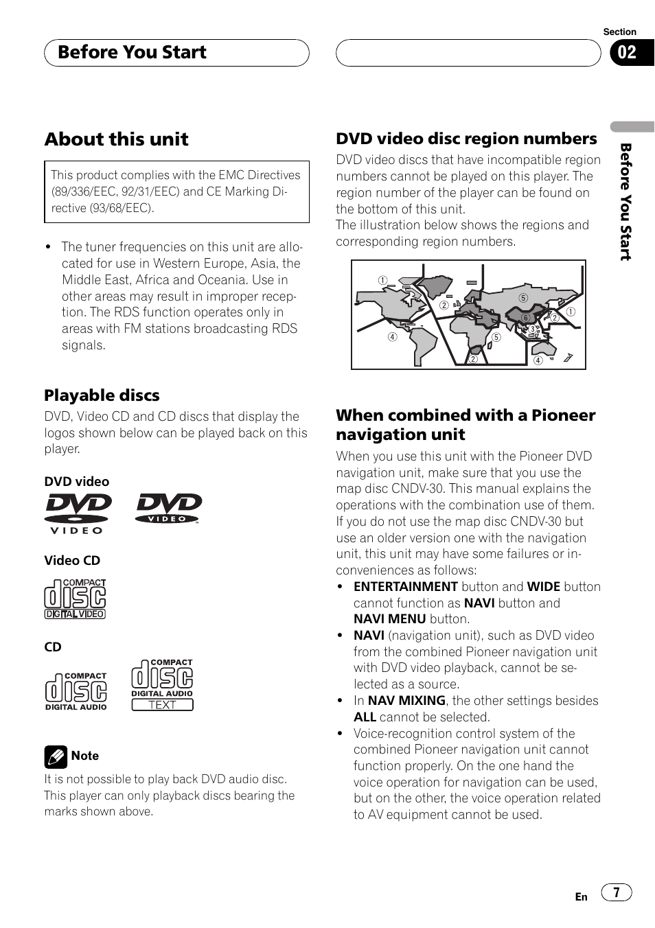 Playable discs 7, Dvd video disc region numbers 7, Before you start about this unit 7 | About this unit, Before you start | Pioneer AVH-P6500DVD User Manual | Page 7 / 108