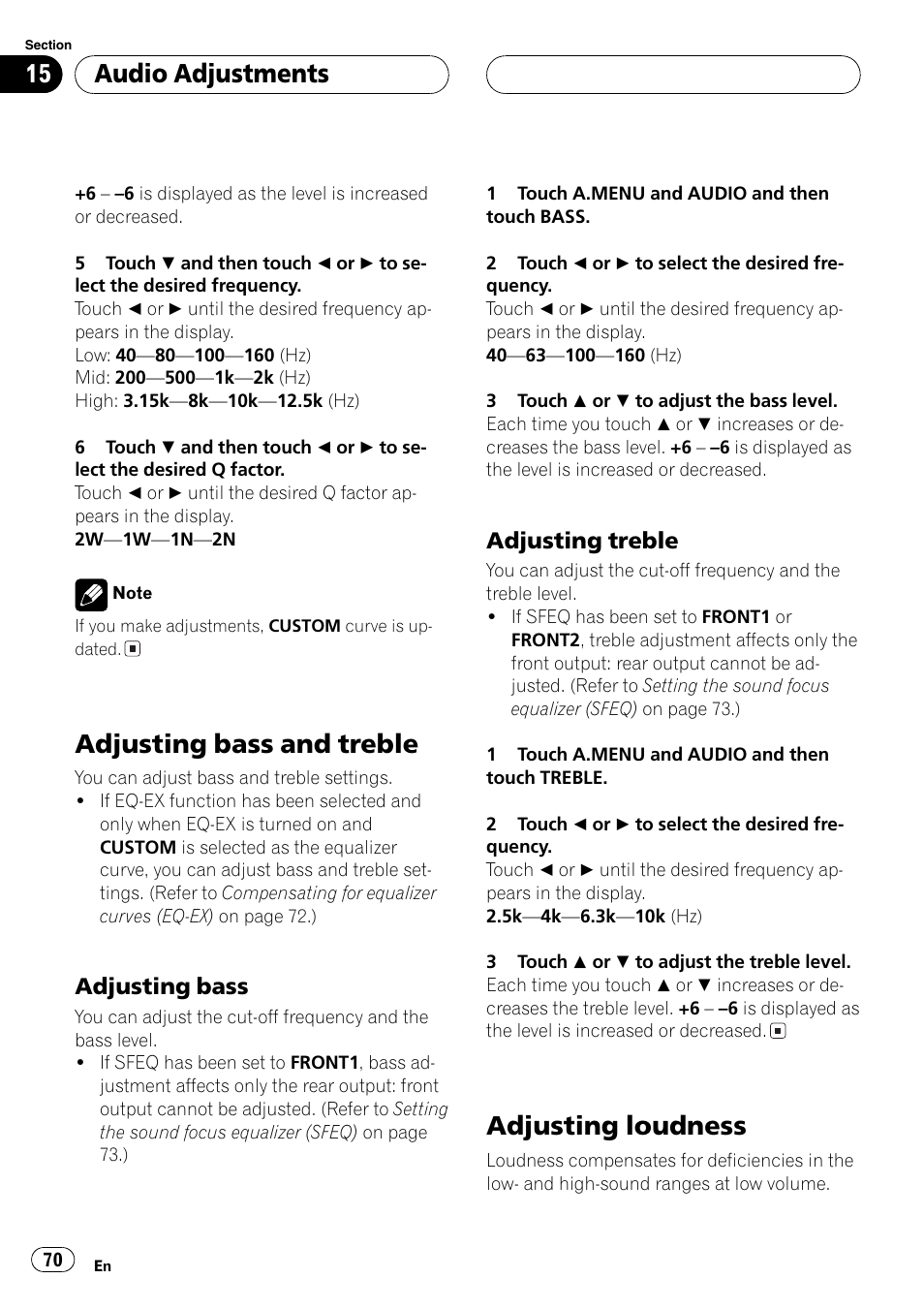 Adjusting bass and treble 70 adjusting loudness 70, Adjusting bass and treble, Adjusting loudness | Audio adjustments, Adjusting bass, Adjusting treble | Pioneer AVH-P6500DVD User Manual | Page 70 / 108