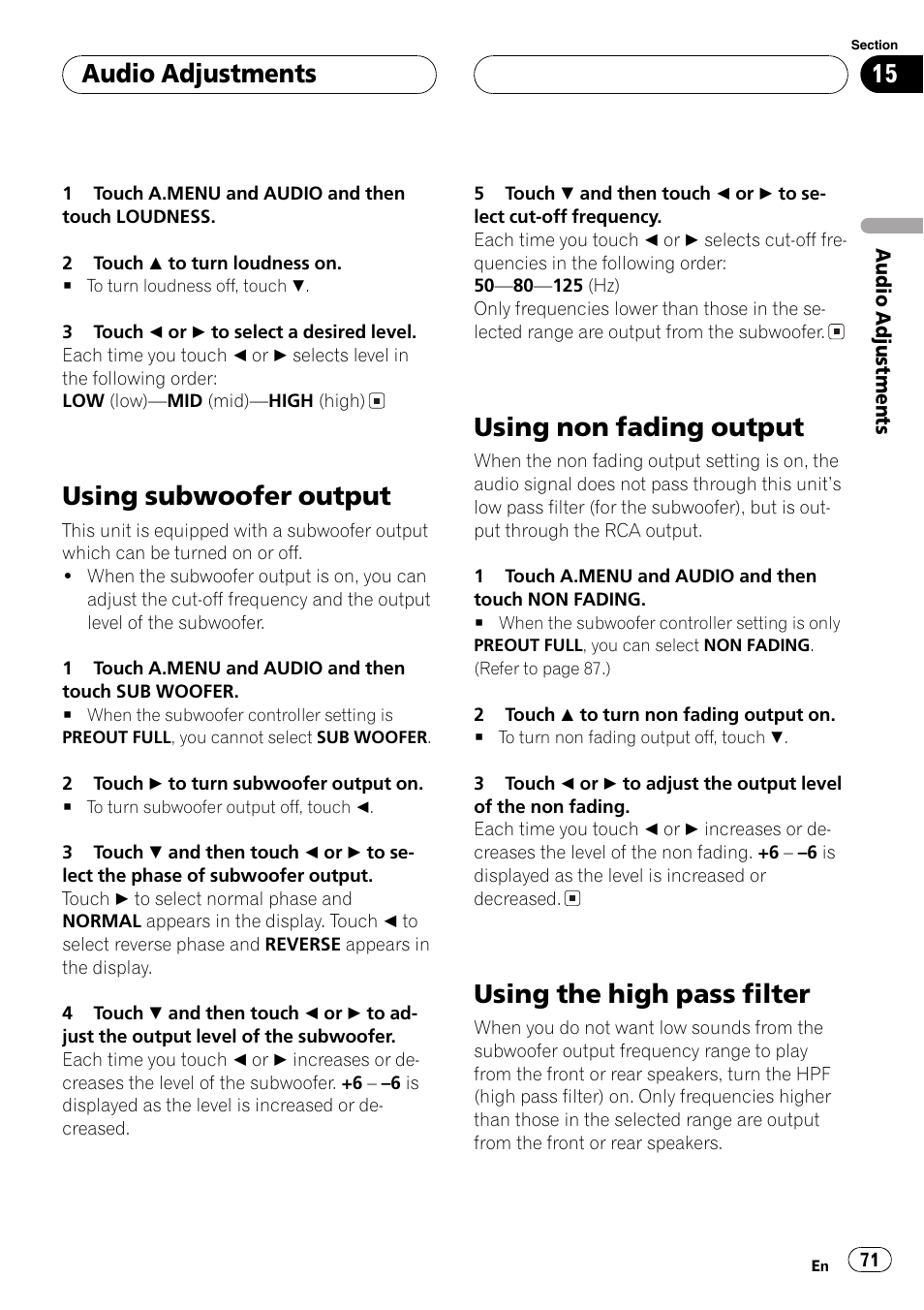 Using subwoofer output, Using non fading output, Using the high pass filter | Audio adjustments | Pioneer AVH-P6500DVD User Manual | Page 71 / 108