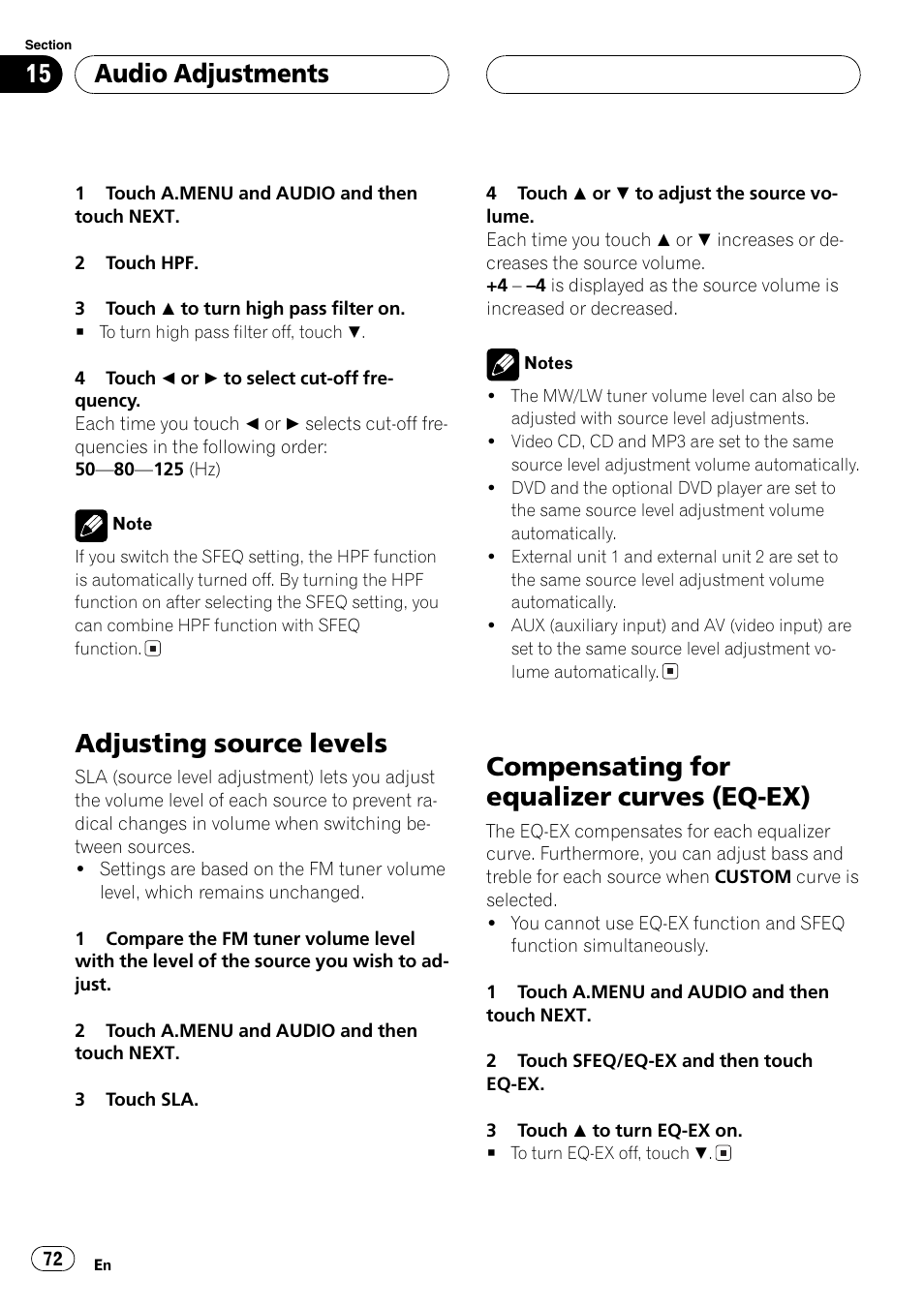 Ex) 72, Compensating for equalizer, Adjusting source levels | Compensating for equalizer curves (eq-ex), Audio adjustments | Pioneer AVH-P6500DVD User Manual | Page 72 / 108