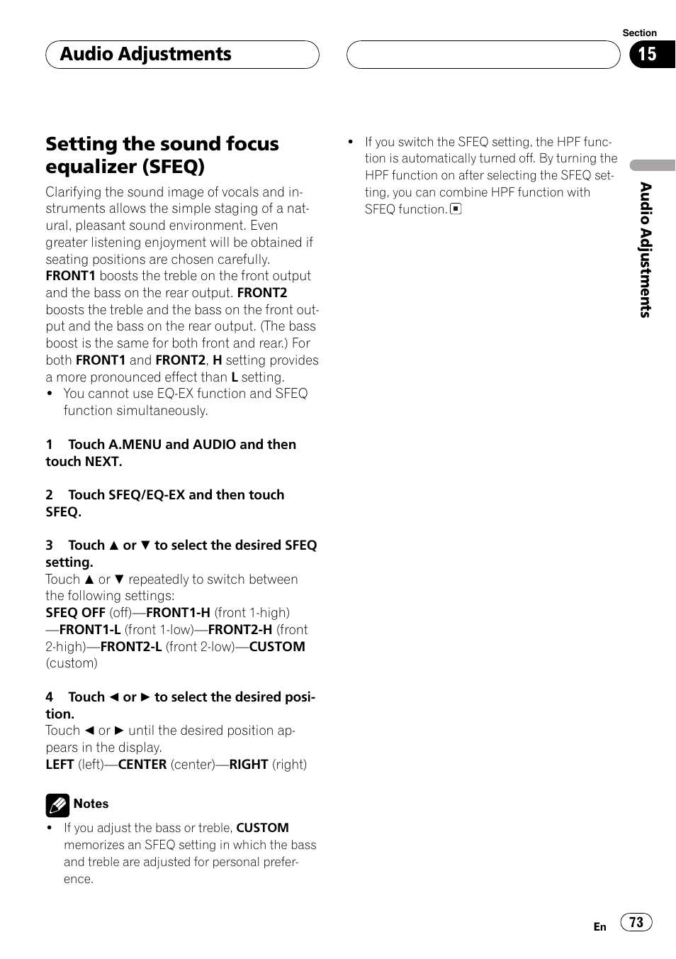 Setting the sound focus equalizer, Sfeq) 73, Setting | The sound focus equalizer (sfeq), Setting the sound focus, Setting the sound focus equalizer (sfeq), Audio adjustments | Pioneer AVH-P6500DVD User Manual | Page 73 / 108