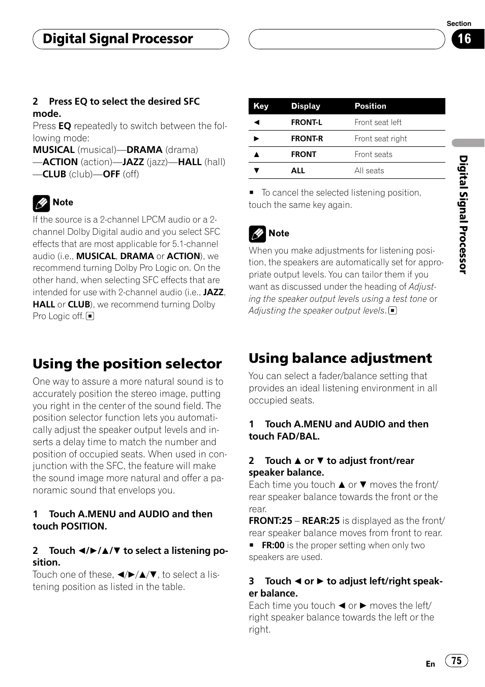 Using the position selector, Using balance adjustment, Digitalsignalprocessor | Pioneer AVH-P6500DVD User Manual | Page 75 / 108