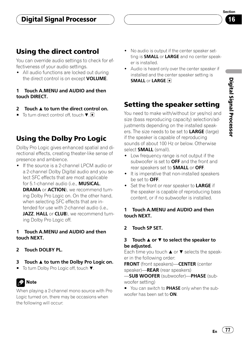 Setting the speaker setting, Using the direct control, Using the dolby pro logic | Digitalsignalprocessor | Pioneer AVH-P6500DVD User Manual | Page 77 / 108