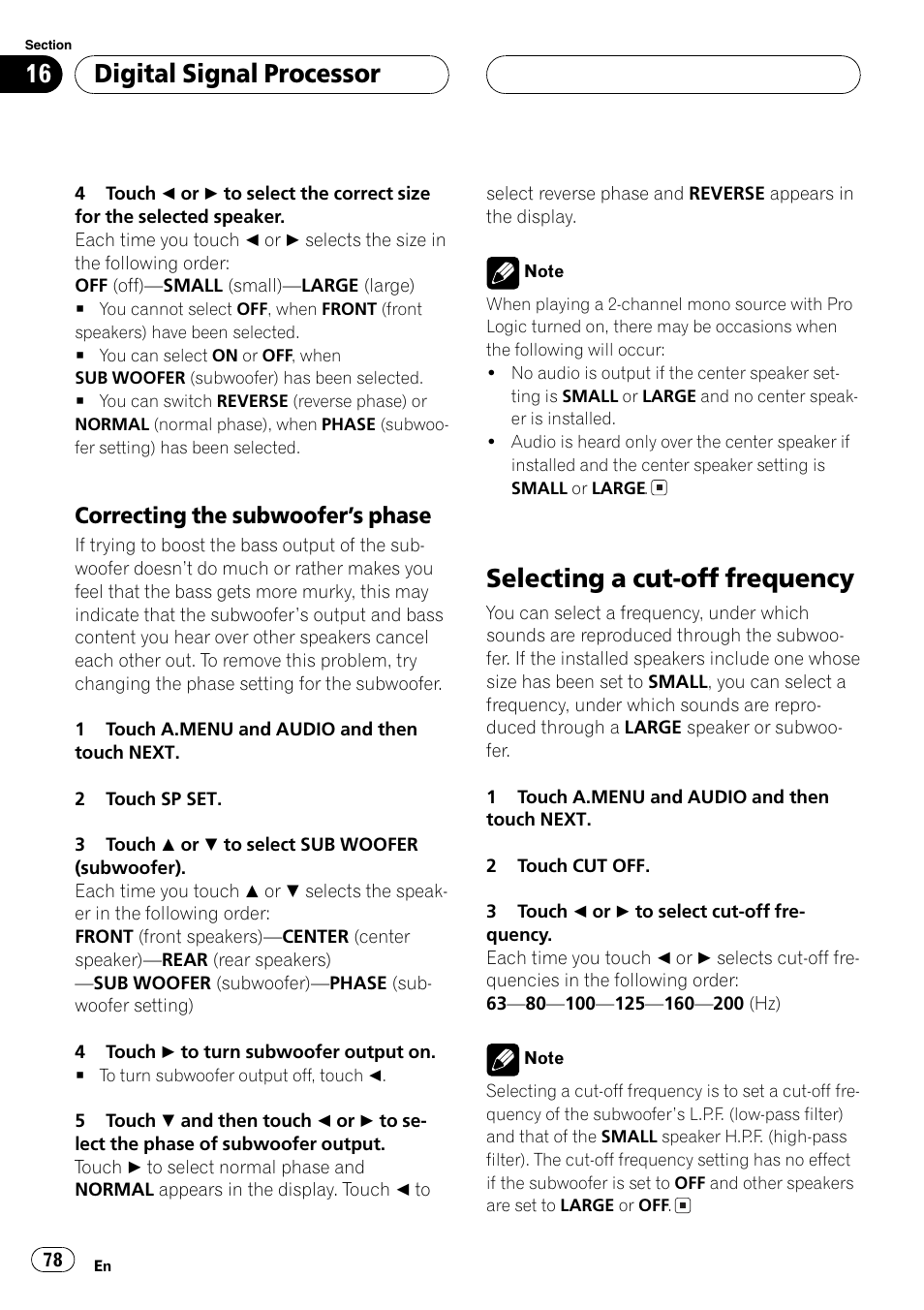 Selecting a cut-off frequency 78, Selecting a cut-off frequency, Digitalsignalprocessor | Correcting the subwoofers phase | Pioneer AVH-P6500DVD User Manual | Page 78 / 108