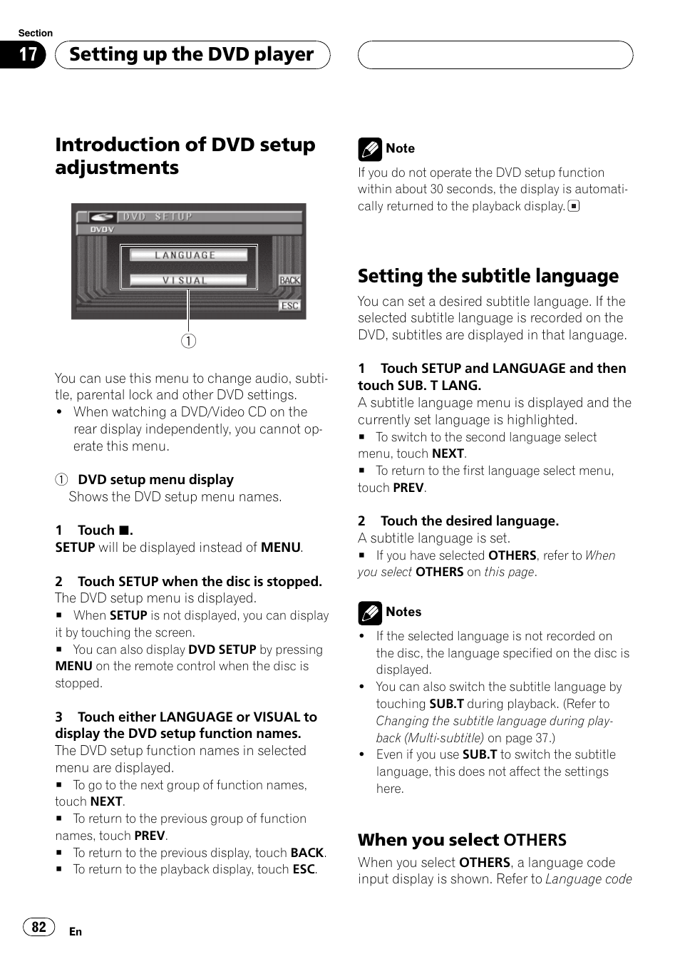 Introduction of dvd setup adjustments, Setting the subtitle language, Setting up the dvd player | When you select others | Pioneer AVH-P6500DVD User Manual | Page 82 / 108