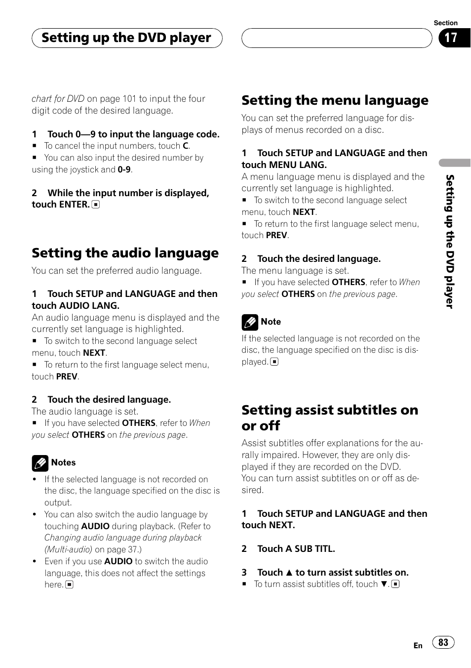 Setting the audio language, Setting the menu language, Setting assist subtitles on or off | Setting up the dvd player | Pioneer AVH-P6500DVD User Manual | Page 83 / 108