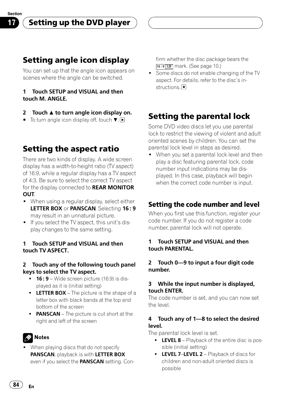 Setting angle icon display, Setting the aspect ratio, Setting the parentallock | Setting up the dvd player, Setting the code number and level | Pioneer AVH-P6500DVD User Manual | Page 84 / 108
