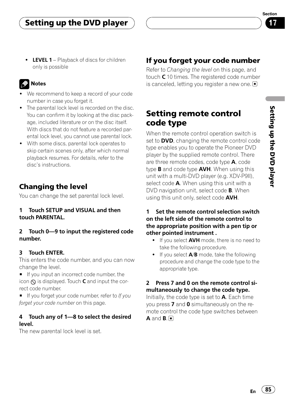 Setting remote control code type 85, Setting remote, Setting remote control code type | Setting up the dvd player, Changing the level, If you forget your code number | Pioneer AVH-P6500DVD User Manual | Page 85 / 108