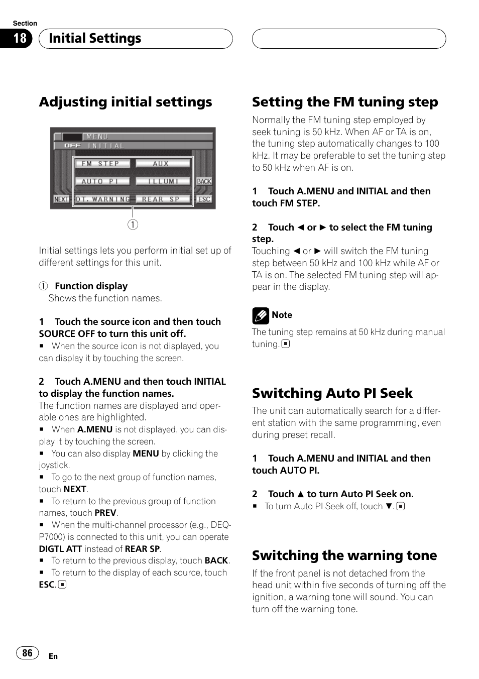 Adjusting initialsettings, Setting the fm tuning step, Switching auto pi seek | Switching the warning tone, Initialsettings | Pioneer AVH-P6500DVD User Manual | Page 86 / 108