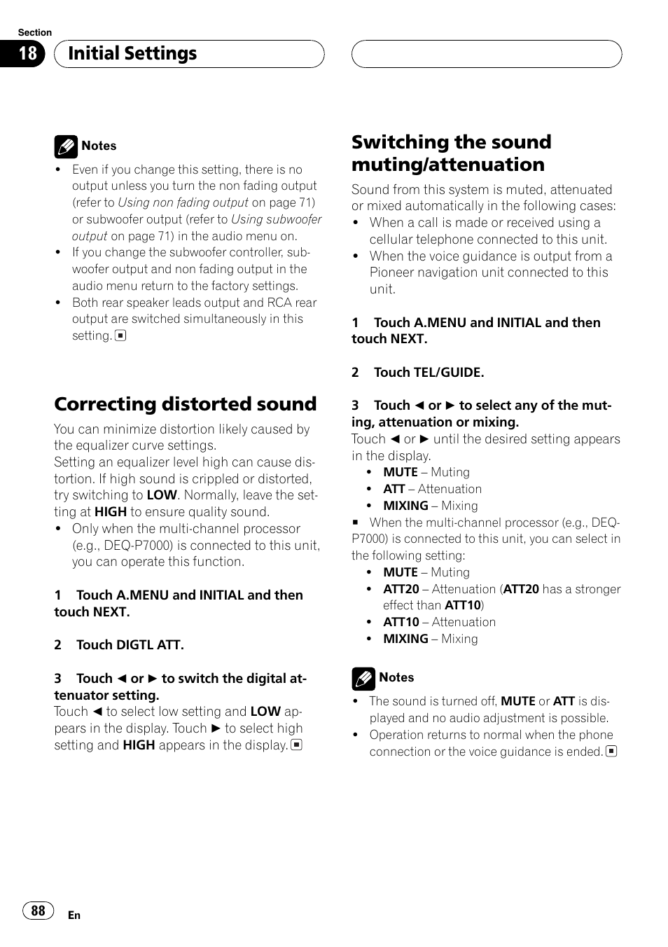 Correcting distorted sound, Switching the sound muting/attenuation, Initialsettings | Pioneer AVH-P6500DVD User Manual | Page 88 / 108